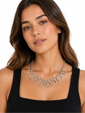 Silver Tone Exaggerated Metal Statement Necklace Bold Fashion Collar